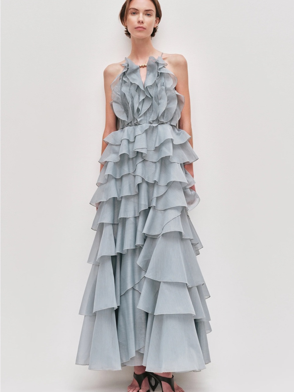 Aje Light Gray Ruffled Halter Maxi Dress - Cleo Gown